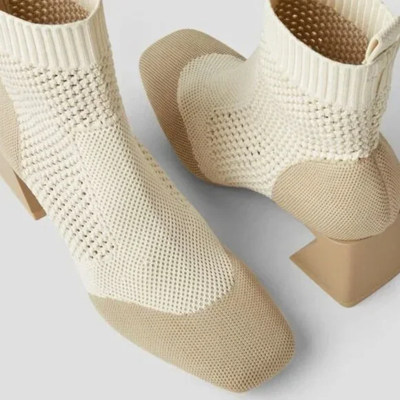 Vivaia Melissa Square-Toe Perforated Heeled Sock Boots in Oatmilk - Picture 5 of 6